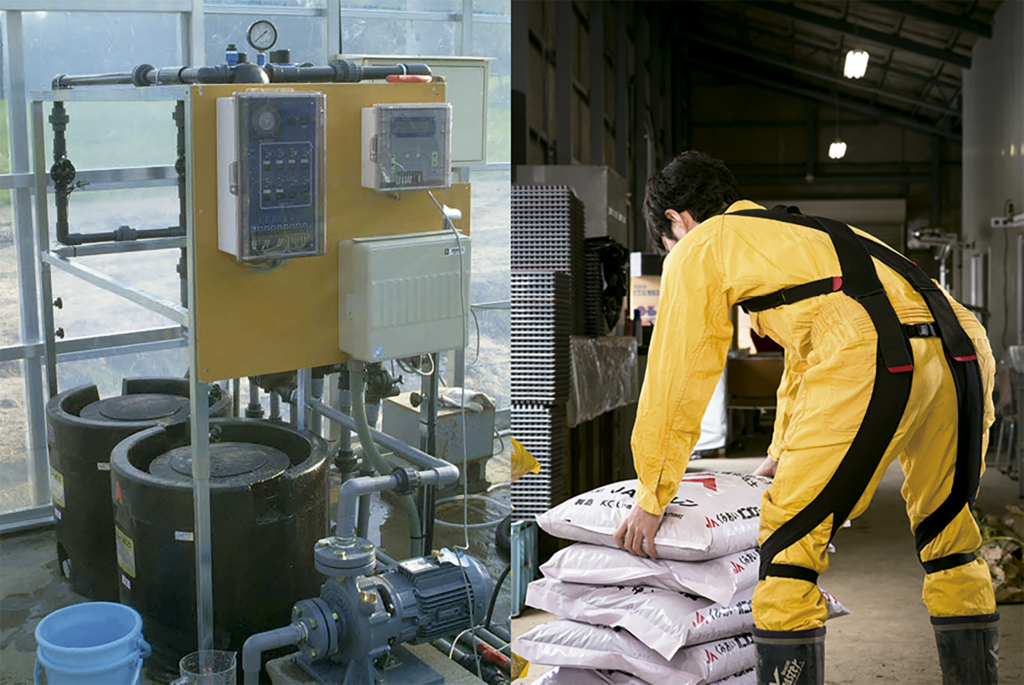 かん水に要する労力を軽減する自動かん水装置（左）と身体の疲労と負担を軽減できるアシストスーツ（右）