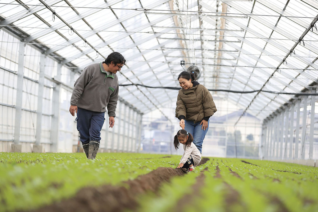 江戸時代から続く農家の7代目となる飯野芳彦さんと、奥さんの綾子さん、長女の千晴ちゃん。従業員はそのほかに正社員が1名、パートが7名の合計9名で、約8品目を生産しています。