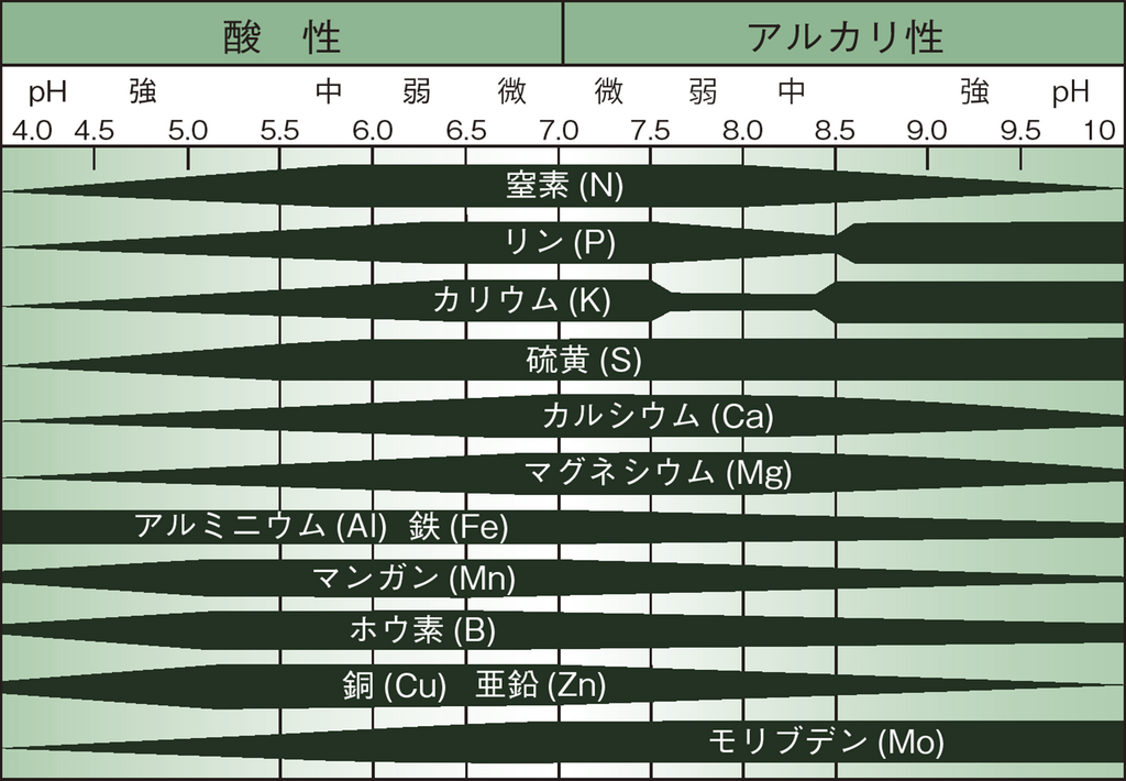 図1. 土壌pHと肥料要素の溶解・利用度（関東土壌専技会、1996年）