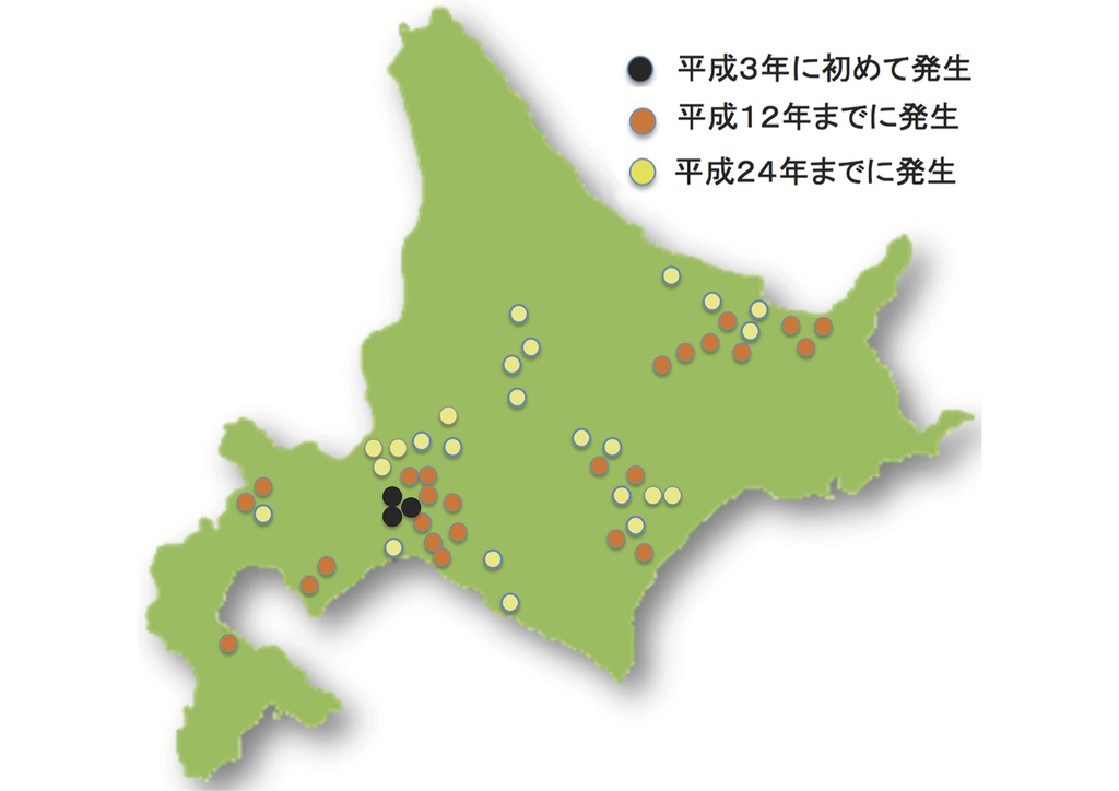 図3.縞萎縮病の発生が確認された市町村（道総研の調査より）