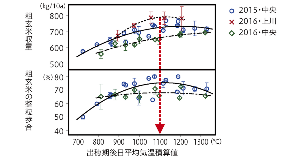 出穂期後日平均気温積算値と粗玄米の収量、整粒歩合の関係
