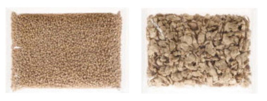 写真1.大豆ミート ミンチタイプ（左）・フィレタイプ（右）