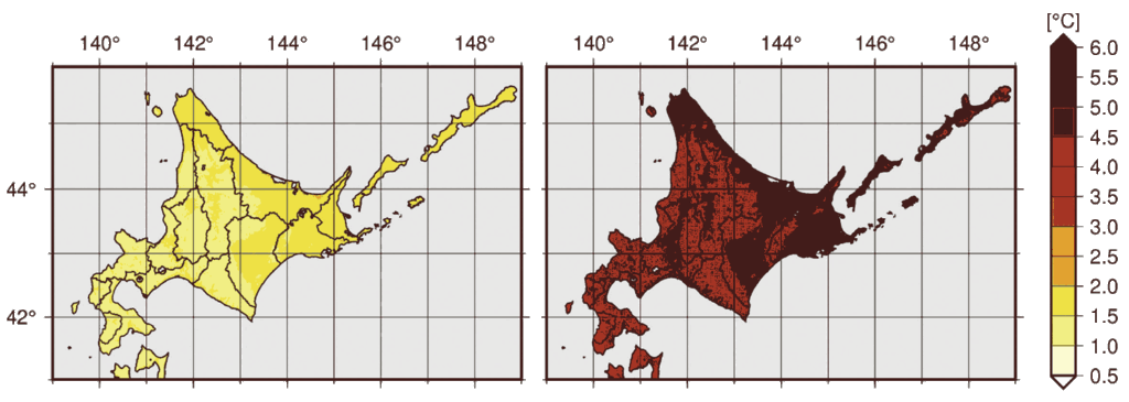 図4_21世紀末における北海道の年平均気温の変化の分布