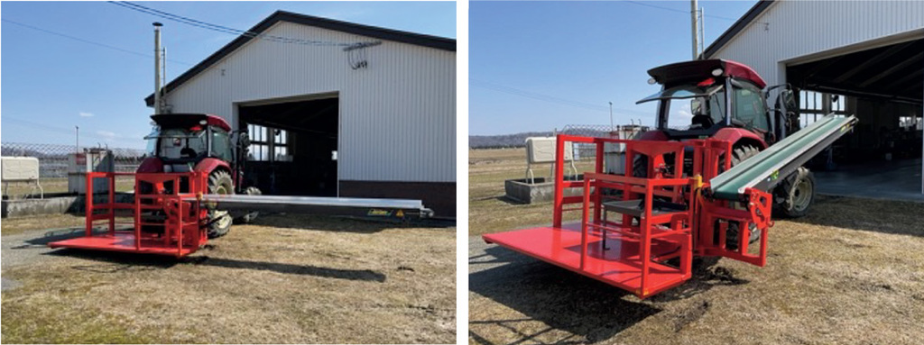 写真2.試作したトラクタ直装式コンベヤキャリアの作業時（左）と移動時（右）