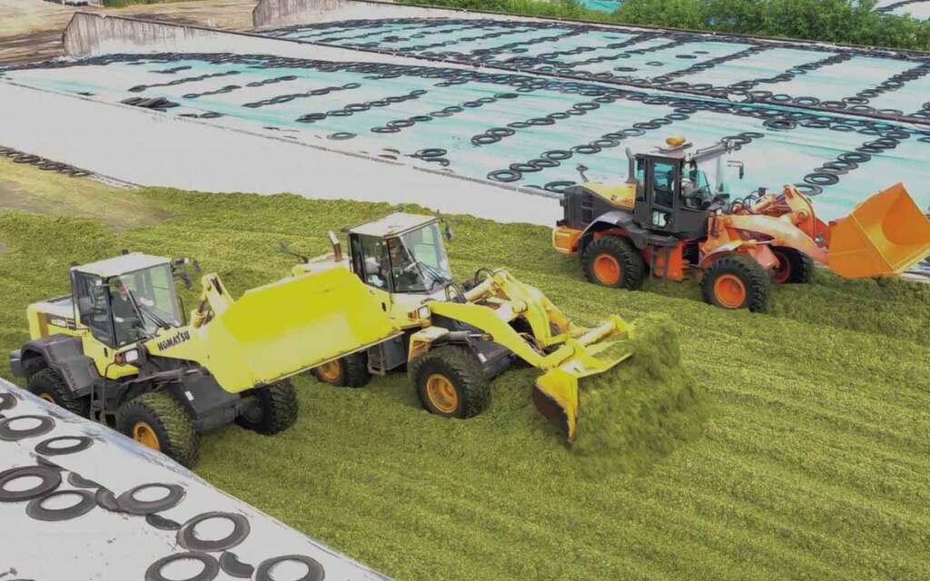 タイヤショベル3台で踏む様子